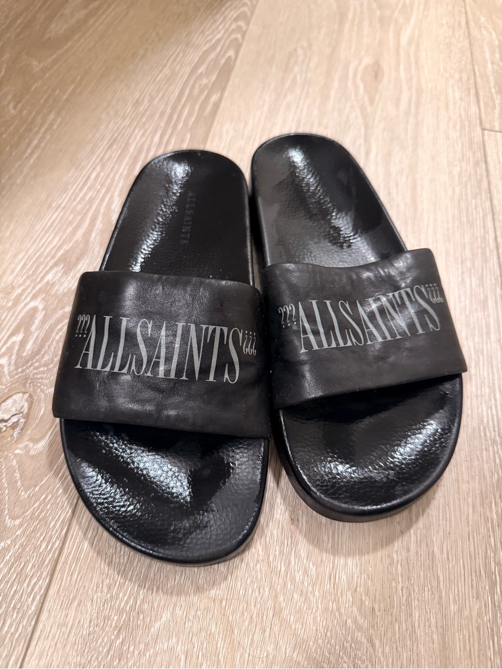 All Saints Black Logo Slide Sandals with Contrasting White Print